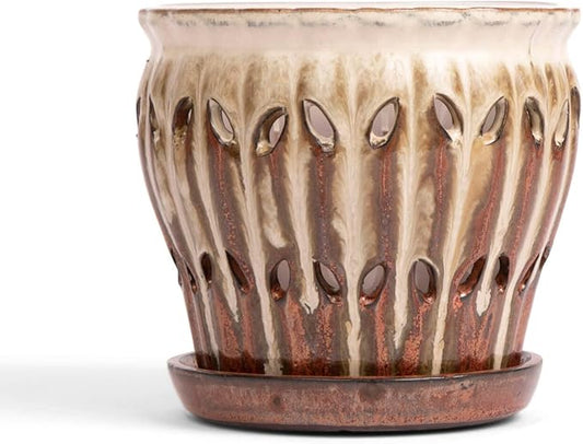 rePotme 6" Pinwheel Fluted Ceramic Plant Pot (Honey Cream Over Copper) - Great for Orchids, Succulents, and All Indoor Plants