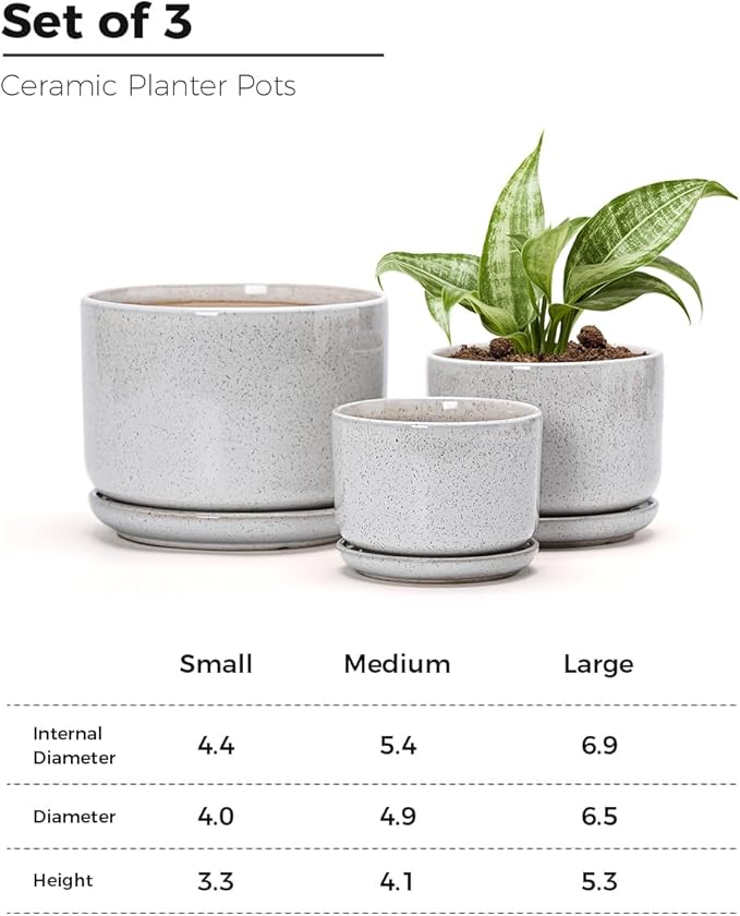 Ton Sin Plant Pots, 4.1+5.1+6.5 inch, Set of 3, Ceramic Planters with Drainage Hole and Saucer, Indoor Flower Pot with Hole Mesh Pad, Gifts for Mom(Reactive Glaze White)