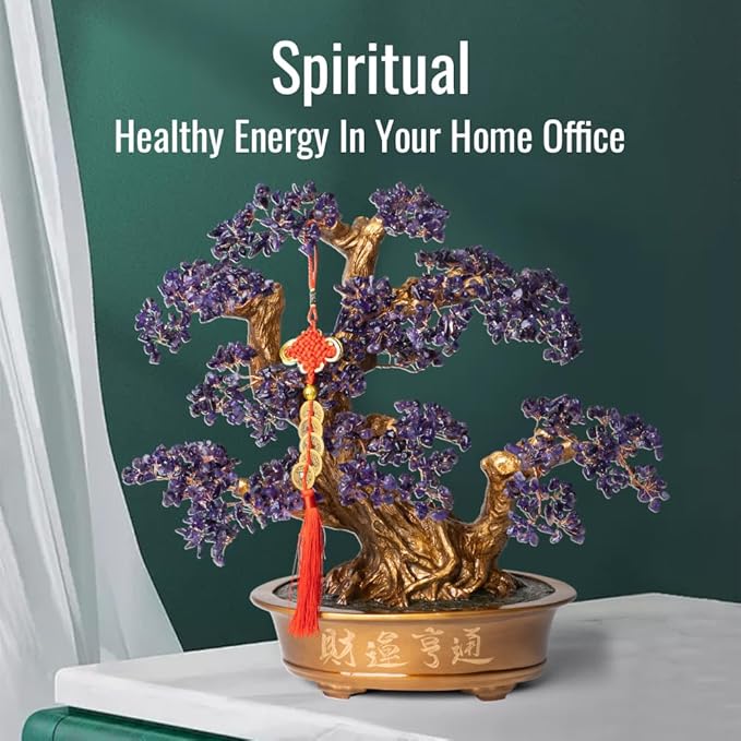 Natural Amethyst Gemstone Crystal Bonsai Tree of Life （1,350 Gemstone Count） Large Feng Shui Money Chakra Tree for Luck and Wealth Desk Decoration 20 Inches