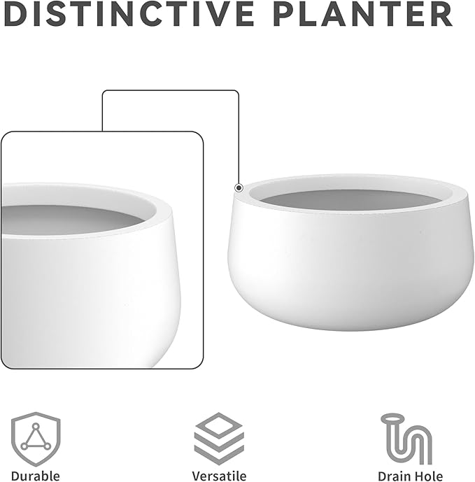 Kante 11.8" Dia Round Concrete Planter, Cement Plant Pots with Drainage Hole and Rubber Plug for Outdoor Indoor Garden Home, Modern Curvaceous Design, Pure White