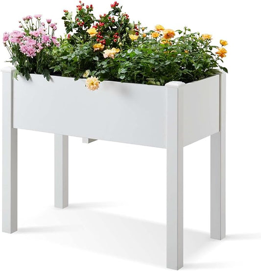 Psilvam Raised Garden Bed with Legs, Poly Lumber Raised Planter Box, Outdoor Elevated Garden Bed Suit for Backyard, Patio, Balcony 34" D x 18" W x 30" H（White）