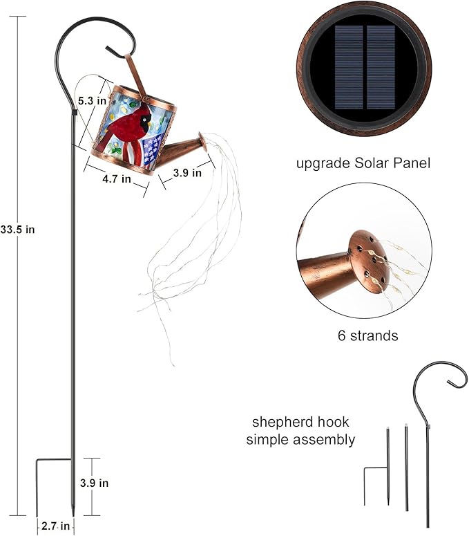 Larekook Solar Outdoor Watering Can Lights Decorative Path Lights, Metal Glass Solar Garden Light Outdoor Waterfall Decor Ornament for Yard Lighting Outside Flag