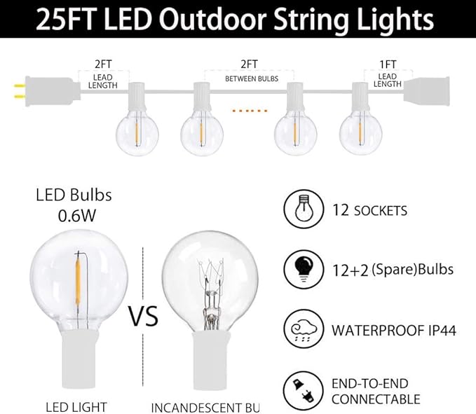 GOOTHY 25Ft Globe Led String Lights Waterproof, Connectable Hanging Patio String Lights with 14 LED Plastic Globe Bulbs, Indoor/Outdoor Decoration Lights for Room Patio Garden Bistro Backyard -White