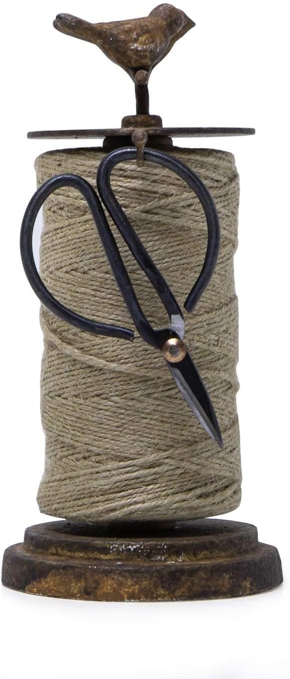 SOFFEE DESIGN Vintage Jute Twine Holder with Scissors for Garden Farmhouse Kitchen Counter Antique Twine Set Birds Rustic Black