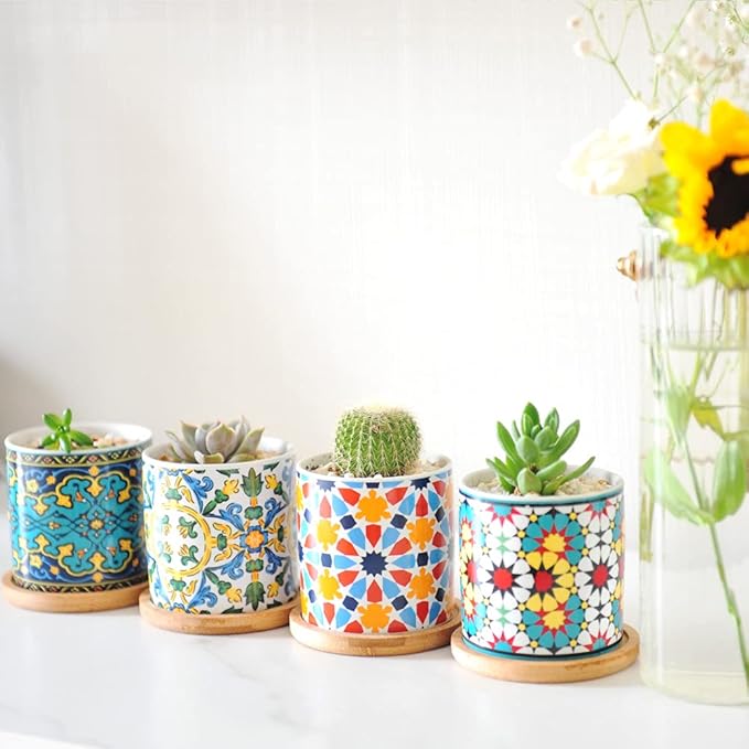 6 Pack Mandala Succulent Plant Pot with Bamboo Trays, Ceramic Multicolored Succulent Container Planter Pot for Small Plant
