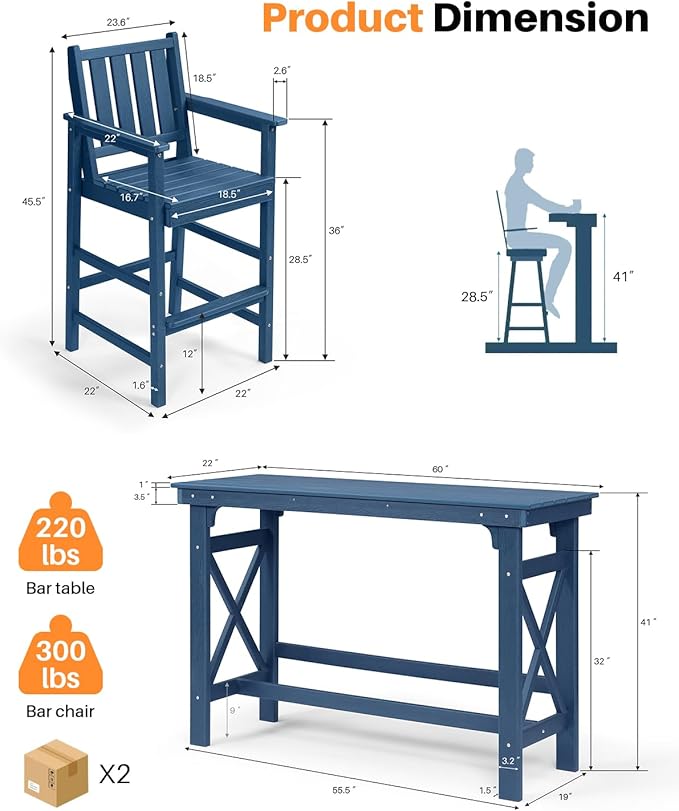 3 Pieces HDPE Outdoor Patio Bar Set, Rectangular Outdoor Bar Height Table and Chairs Set, Adirondack Patio Bar Stools Set, Outdoor Bar Table and Chairs Set for Balcony, Poolside, Porch, Navy
