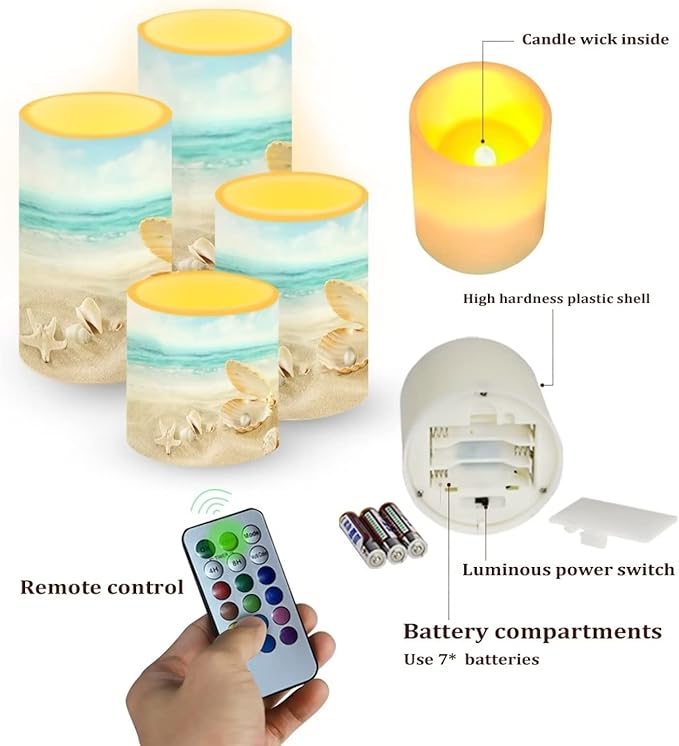 Flameless LED Battery Candles 4PCS Pillar Candles with 18-Key Timer Remote Colorful Light for Party Celebration Decor, Beach Mussel Starfish Seashell