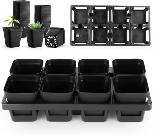 8 Cell Nursery Pots Trays 6 Pack (12" x 6"), 3 inch Square Plastic Nursery Pots 48 Pcs, Durable Carrying Seed Starter Tray, Planting Trays for Holding Small Seedling Pots with Drain Holes (Black)