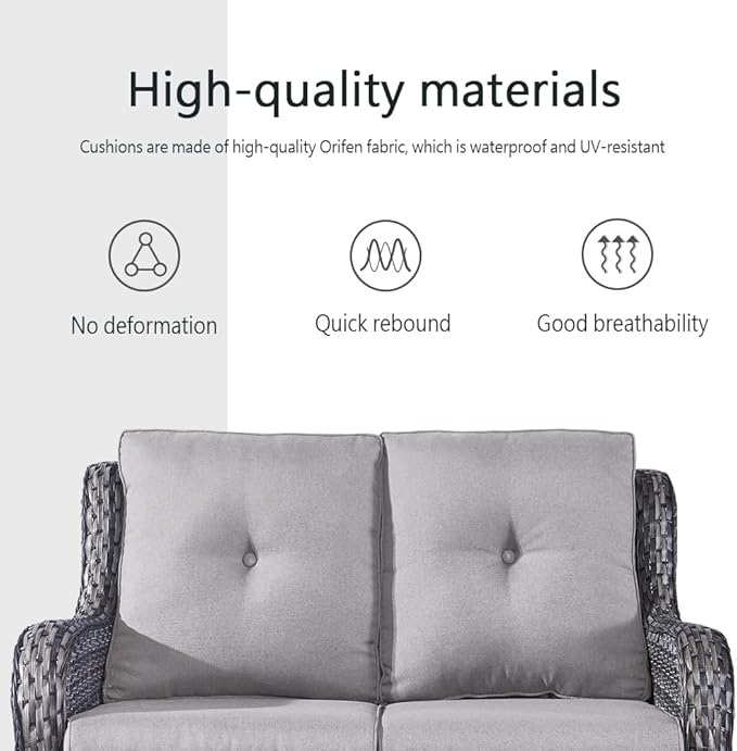 5 Piece Outdoor Patio Furniture Set - Wicker Furniture Patio Conversation Set, Outdoor Swivel Rocker Chairs with Loveseat Sofa and 2 Ottomans for Small Space, Gray Cushion