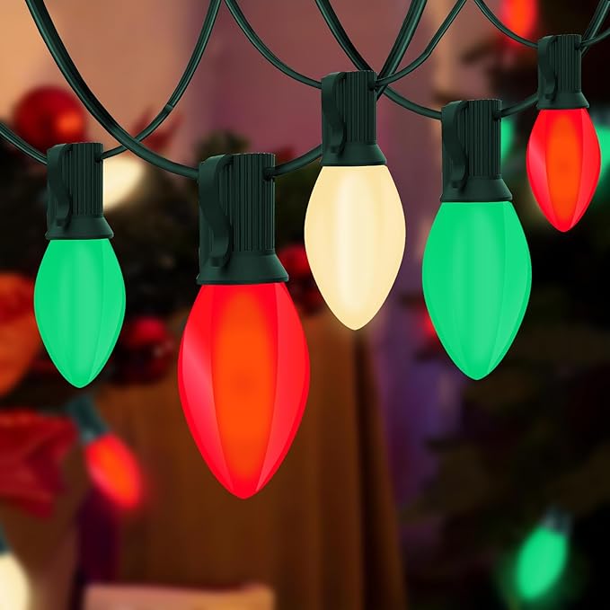 C7 LED Red White and Green Christmas Lights, 25Ft Outdoor Christmas String Lights with 27 LED Multicolor Plastic Bulbs, Vintage Christmas Lighst for Outside Patio Backyard Tree Cafe Party House Decor