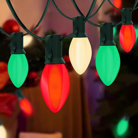 C7 LED Red White and Green Christmas Lights, 25Ft Outdoor Christmas String Lights with 27 LED Multicolor Plastic Bulbs, Vintage Christmas Lighst for Outside Patio Backyard Tree Cafe Party House Decor
