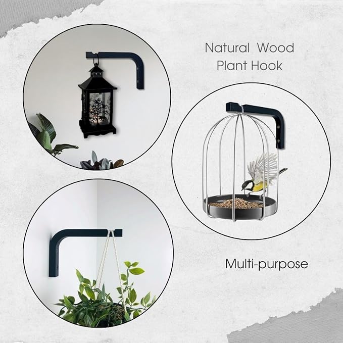 2-Piece Set of Plant Hooks for Wall 6 inch - Mounted Wooden Plant Hook - Indoor and Outdoor Bracket Plant Hanger for Planters, Lanterns, Bird Feeders, Patio Decorations (Black)