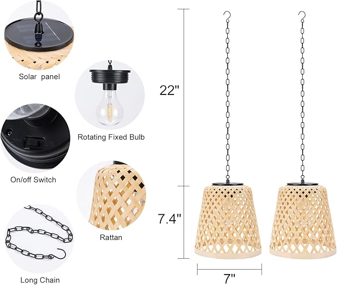 pearlstar Solar Hanging Lanterns Outdoor Gazebo Lights Rattan Woven Chandelier Solar Lamp Waterproof Outside for Porch Garden Patio Yard Farmhouse Decoration, 2Pack