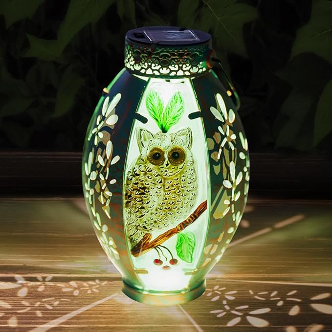 Starsoul Owl Outdoor Solar Lantern Waterproof Metal & Stained Glass Owl Lamp Lights for Yard Patio Garden Tabletop Pathway Decor Gifts for Woman