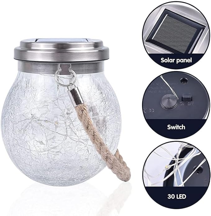 Solar Crackle Glass Hanging Lanterns, 5.5 in Height, IP65 Waterproof, 30 LED Lights, 2-Pack, Warm White