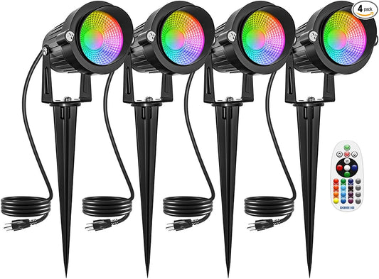 Christmas RGBW Outdoor Spotlights for Yard,10W Color Changing Landscape Lights with Remote Control 120V LED Landscape Lighting Waterproof Spotlight with Plug Tree Garden Path Decoration (4Pack)