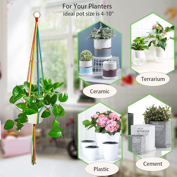 Rainbow Macrame Plant Hangers Indoor Outdoor, 3 Pack Different Size Flower Pot Holder Hanging Plant Holder for Windows Garden Boho Home Decor