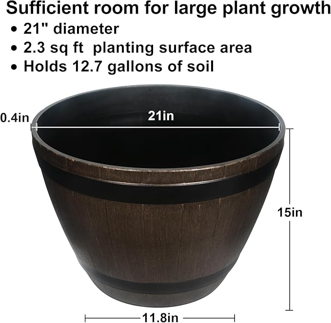 Large Whiskey Barrel Planter for Outdoor Plants - Flower Pots Garden Wine Barrel Planter Outdoor - 21" D x 15" H