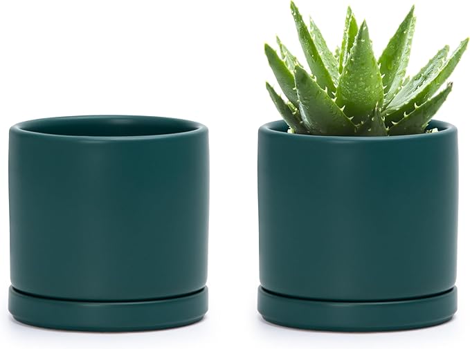 D'vine Dev Set of 2 Plants Pots, 4.6 Inch Ceramic Planter Pot for Plants with Drainage Hole and Saucer, Teal, 94-V-B-9