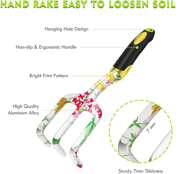 Garden Tools Set, Aluminum Alloy Garden Hand Tool 5 Piece Gardening Tools with Hand Rake, Hand Weeder, Transplant Trowel, Pruning Shears and Gardening Gloves for Outdoor Gardening Work