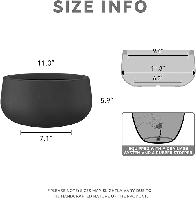 Kante 11.8" Dia Round Concrete Planter, Cement Plant Pots with Drainage Hole and Rubber Plug for Outdoor Indoor Garden Home, Modern Curvaceous Design, Black