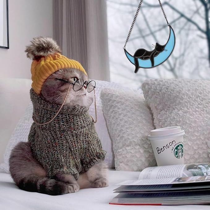 Black Cat Decor On Blue Moon Stained Glass for Window, Crystals Suncatchers for Window Ball Prism Rainbow Maker Chain Easy Hanging, 2 Balls and 1 White Gift Boxe for Cat Lovers Halloween Decor