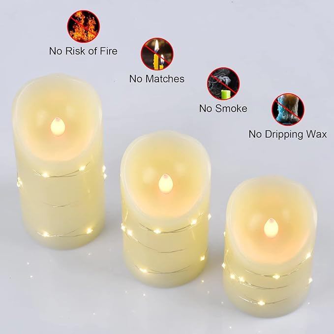 Flameless Flickering Candle, Pillar Candle,with Embedded String Lights,3 Pack LED Romantic Candle with Remote Control, Battery Operated Real Wax, Ideal for Wedding, Home decorand Holiday (Ivory)