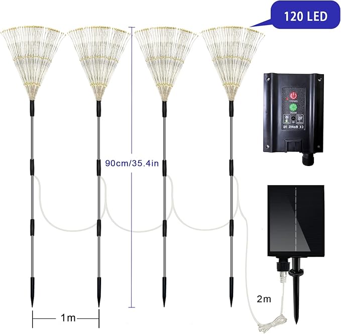 Outdoor Solar Garden Lights,Firework Lights 4 Pack Waterproof Decorative Pathway Lights,120Led Firefly Lights Solar Outdoor Decor for Courtyard Garden Party Yard Decorations Outdoor,Colorful