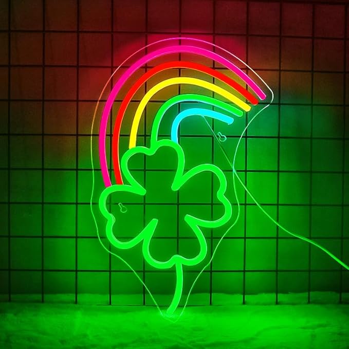 WLHOPE St Patricks Day Neon Sign St. Patrick's Day Neon Signs for Wall Decor Dimmable Rainbow Clover Light Up Sign for Bedroom Living Room Wall Art Happy St. Patrick's Day Decoration
