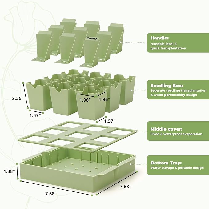 Green Bazzar Seed Starter Tray with Handle, 9 Individual Cells, Reusable Plant Germination Trays with Humidity Lid, Ideal for Germinating Seeds Indoors & Transplanting Outdoors, Durable & Easy to Use