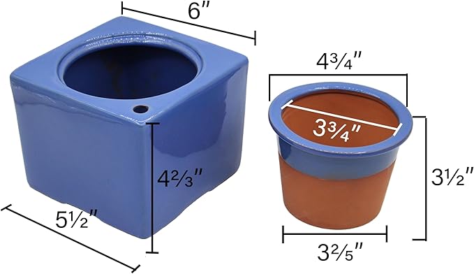 Ceramic African Violet Self Watering Pot 6 Inch Square Pot 3.5 Inch Innter Pot Easy Fill Water Reservoir Blue