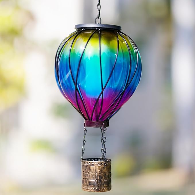 Pack of 2 Gradient Color Solar Hot Air Balloon Outdoor Lantern with Flickering Flame Hanging Outdoor Lantern Waterproof Decorative Solar Lanterns Light for Patio, Garden, Porch