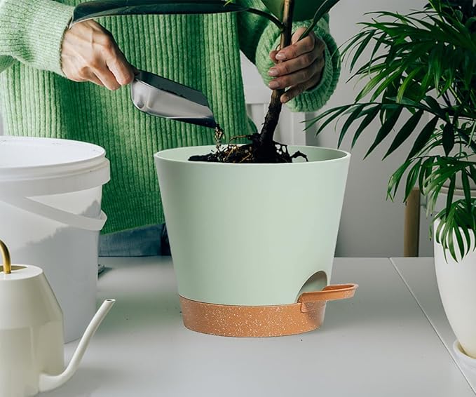 Self Watering Green Plastic Plant Pot Flower Planters with Drainage Hole And Deep Reservoir Large Planting Pots for for All Houseplants,Succulent, African Violets, Flowers and Cactus 12Inch/2pcs