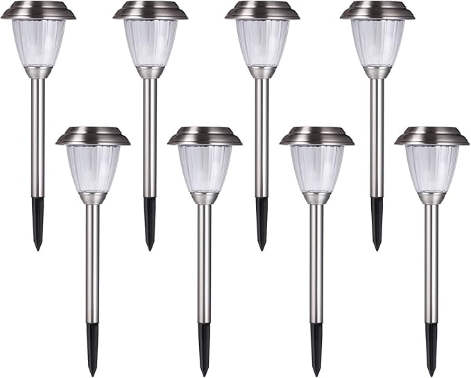 Solar LED Outdoor Lights 8-Pack Stainless Steel Pathway Landscape Lights for Outdoor Path Patio Yard Deck Driveway and Garden, (Silver)
