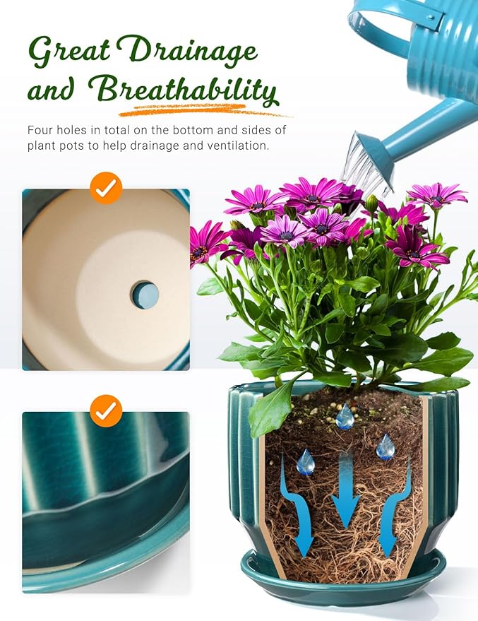 AISBUGUR Plant Pots 6 inch Ceramic Pots for Indoor Plants Set of 2 Flower Pots Unique Crackle Glaze Design Plant Pots with Drainage Hole and Saucer Come with Drainage Nets (Aqua Green)