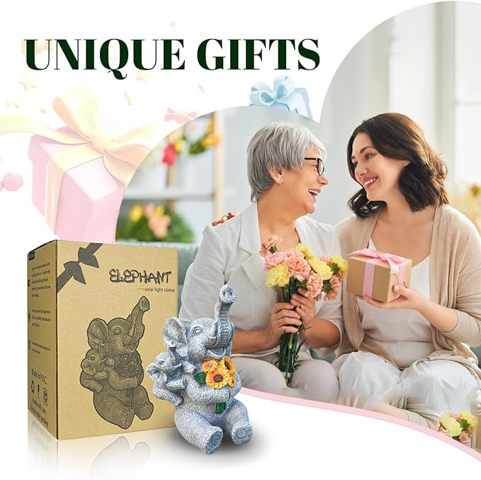 Elephant Gifts for Women, Solor Statue for Garden, Elephant and Sunflower Figurine with Lights, Outdoor Decorations for Yard Lawn Patio, Gifts for Mom Grandma Mother in Law Gardener Mother'Day