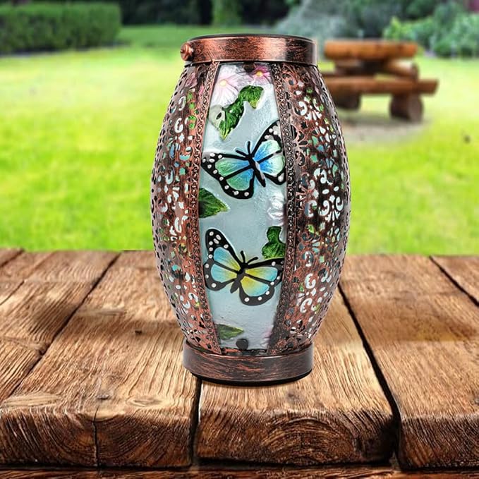 2PCS Butterfly Solar Lanterns Glass & Metal Hanging Light Outdoor Waterproof 16" H Tabletop Lamp with Hollowed-Out Design with Shepherd's Hooks for Garden Patio Table Decor