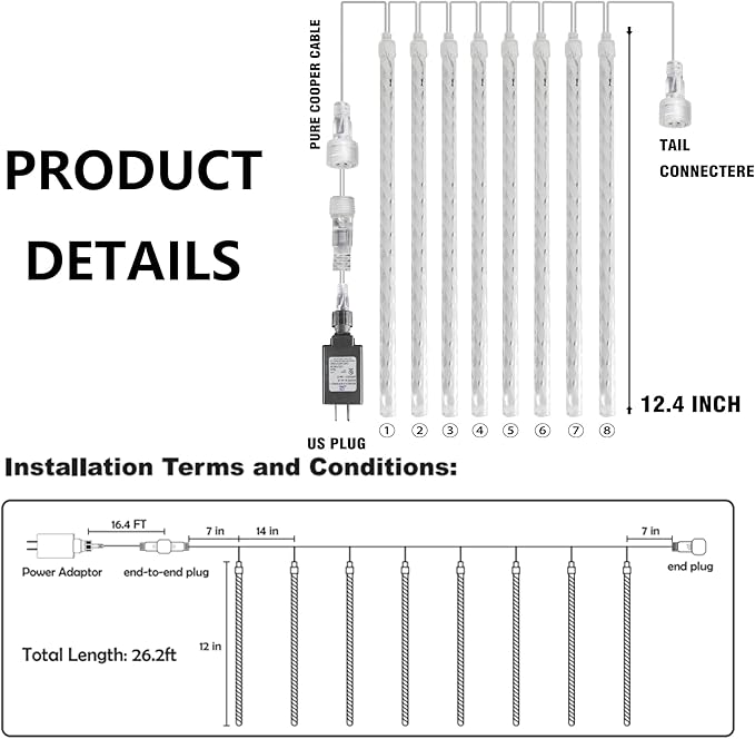 TW SHINE Christmas Meteor Shower Lights Outdoor, 288 LED 12" 8 Tubes Waterproof Christmas Lights Outdoor Plug in, Snow Falling Rain Icicle Xmas Lights Decorations, Warm White