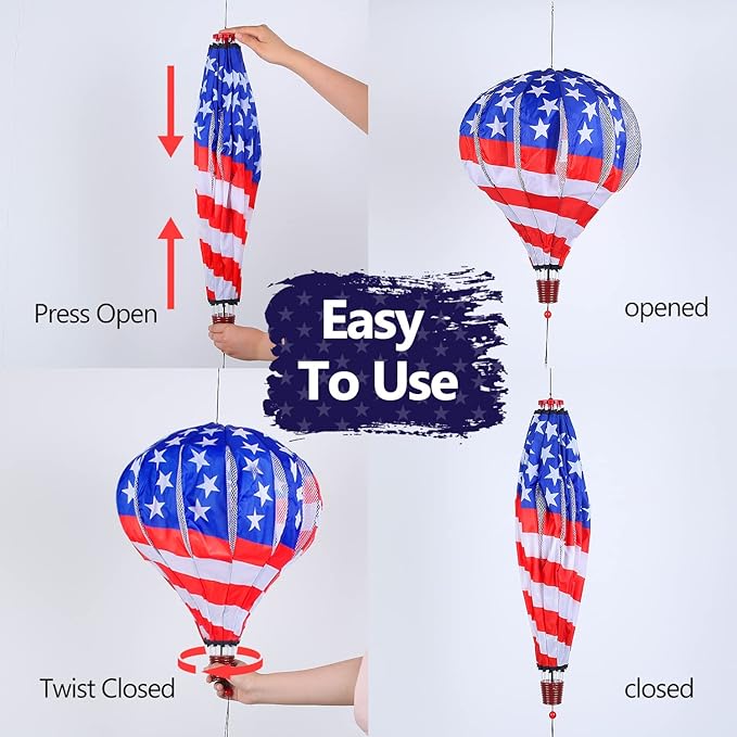 BATTIFE 2Pcs Patriotic Hot Air Balloon Wind Spinner, American Flag Kinetic Wind Twister with Tail, Outdoor Spiral Windmill Garden Yard, 4th of July Hanging Decoration