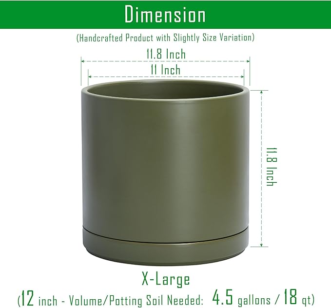 D'vine Dev 12 Inch Ceramic Planter Pot with Drainage Hole and Saucer, Indoor Cylinder Round Planter Pot, Olive, 94-O-F-J