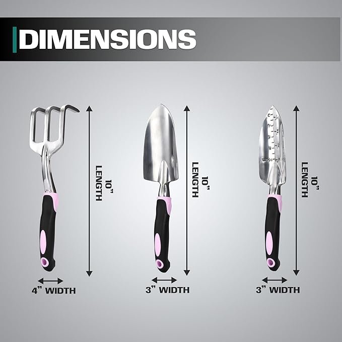 2WAYZ - Garden Tool Set - Heavy Duty 3-Piece Gardening Kit - Aluminum Alloy Spade Shovel, Transplant Hand Trowel, and Cultivator Rake - Ergonomic Non-Slip Rubber Grip - Ideal Garden Tools Gift