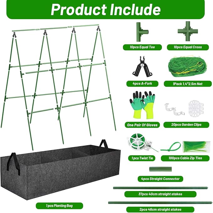 Cucumber Trellis for Garden, 45 x 53 Inches A Frame Outdoor Greenhouse Trellis with 46 Gallon Fabric Raised Bed, Climbing Net and Plant Support Clips for Climbing Plants
