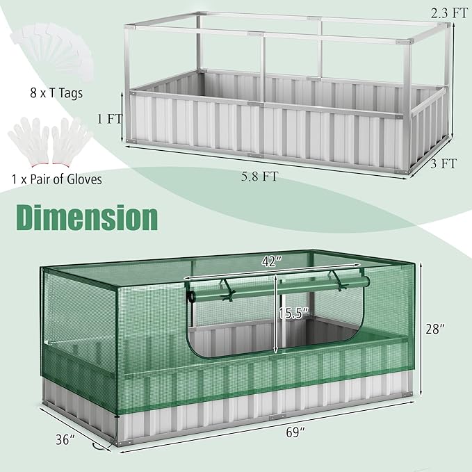 S AFSTAR Galvanized Raised Garden Bed with Greenhouse, 69” x 36” x 28” Bottomless Flower Bed w/Large Roll-up Window, 8PCS T Tags & Gloves, Outdoor Rectangular Planter Box Kit for Herb Vegetable Fruit