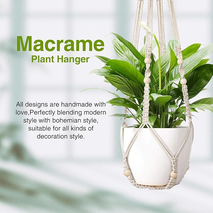 Macrame Plant Hanger Indoor Set of 4 with 8 Hooks, Indoor Outdoor Hanging Planter for Plants Holder with Decorative Wood Beads & No Tassels, Boho Home Decor, 35 Inch Ivory (Pots Not Included)