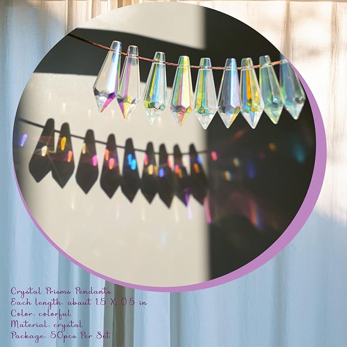 50pcs 38mm Suncatcher Crystal Icicle Prisms Pendant, Icicle Chandelier Crystals Pendants Drops Lamp Candle Holders Curtain DIY Parts Sun Catcher(AB Colors)