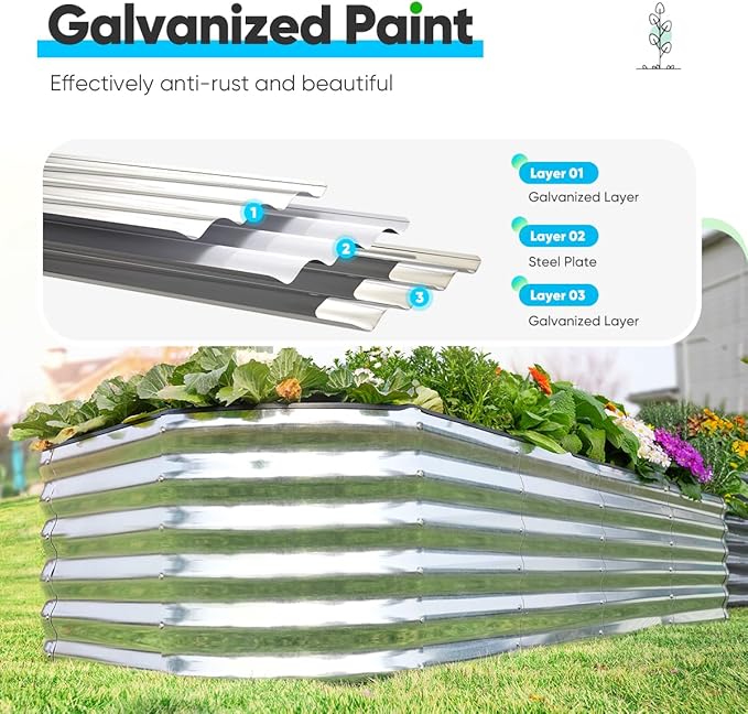 Quictent Raised Garden Bed Kit Oval Galvanized Metal Planter Box Tall for Vegetables Outdoor Backyard, Rubber Strip Edging Included, Silver 6x3x1.5 ft