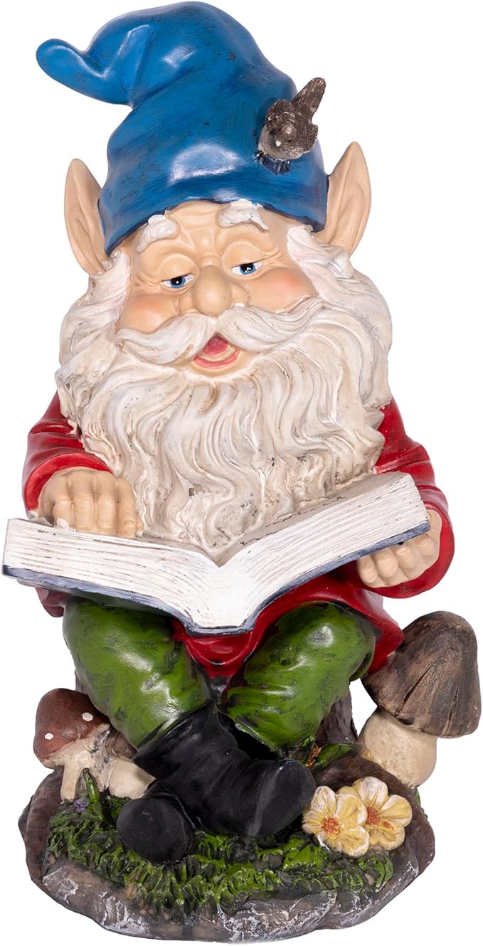 Alpine Corporation 14" Tall Outdoor Garden Gnome Reading a Book Yard Statue Decoration