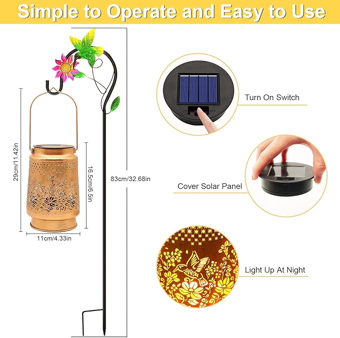 Solar Lanterns Outdoor Hummingbird Garden Decor, Birthday Gifts for Women Mom Grandma Metal Hanging Lantern Lights Waterproof Solar Lights with Shepherd Hook LED Decoration for Garden Yard Patio Lawn