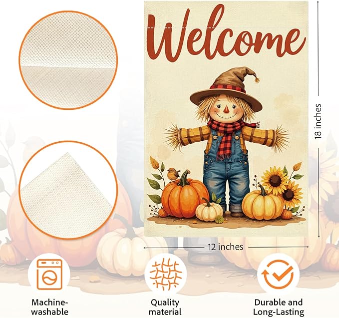 Fall Welcome Garden Flag Autumn Thanksgiving Scarecrow Garden Flag 12x18 inch Double Sided Fall Thankful Flags Holiday Decorations for Yard Lawn Patio (Flay 1810)