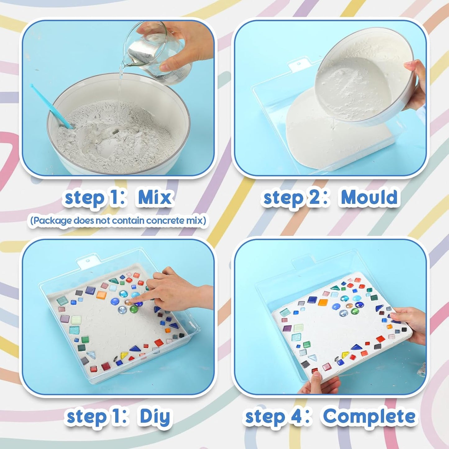 LOYIM 24 Pcs Stepping Stone Kit Includes Concrete Mold, Mosaic Tiles and Carving Tools, DIY Craft Handmade Stepping Stone Kit for Kids, Family, Garden Outdoor Decor, No Concrete Mix (Square,10 Inch)